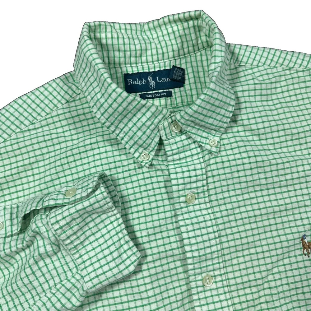 Ralph Lauren Mens XL Custom Fit Blue Gingham Button Down Shirt Green Flesh Pony